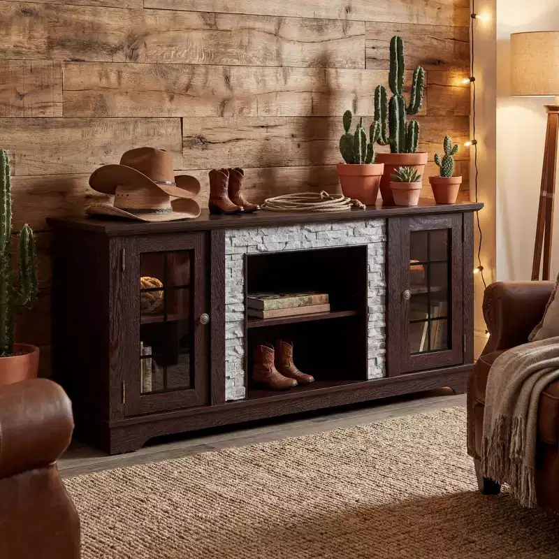 JVNOXK 58 Cherry Modern TV Stand with 2-Door Storage & Faux Stone Surround
