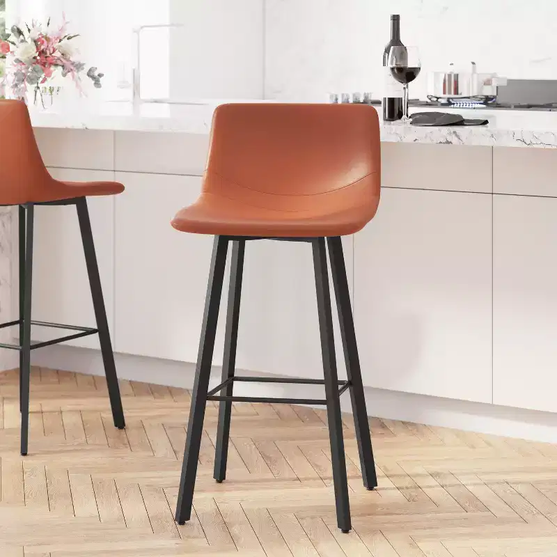 Merrick Lane Set of 2 Modern Upholstered Stools with Contoured, Low Back Bucket Seats and Iron Frames