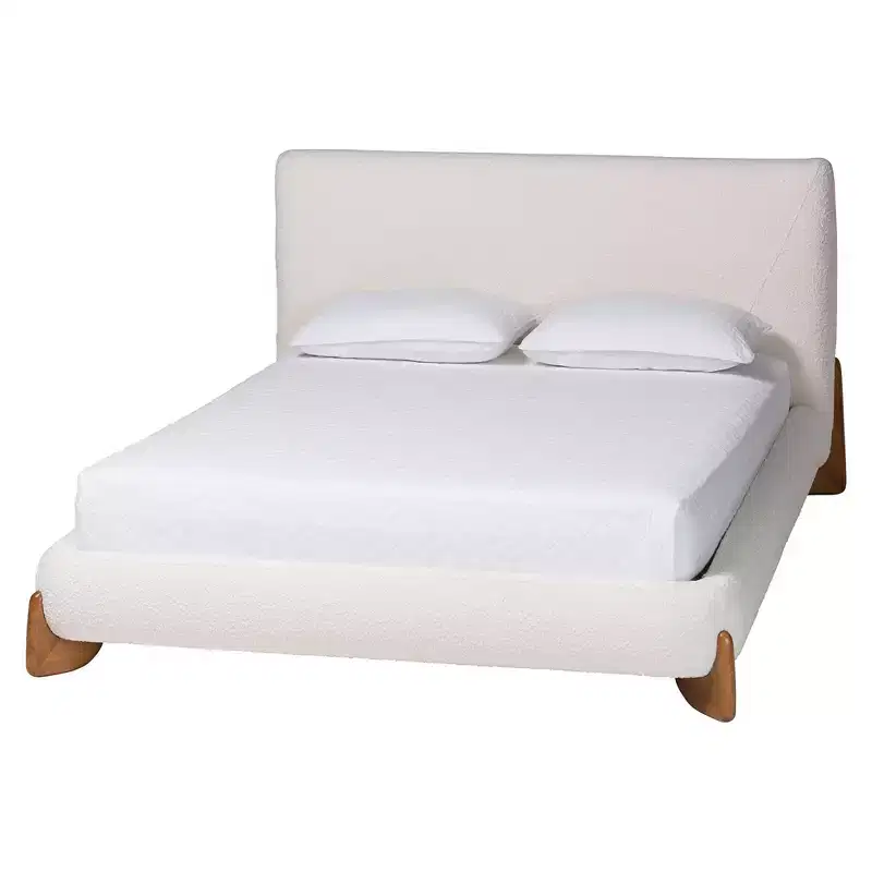 Baxton Studio Queen Size Vinicio Boucle Platform Bed Cream/Walnut Brown