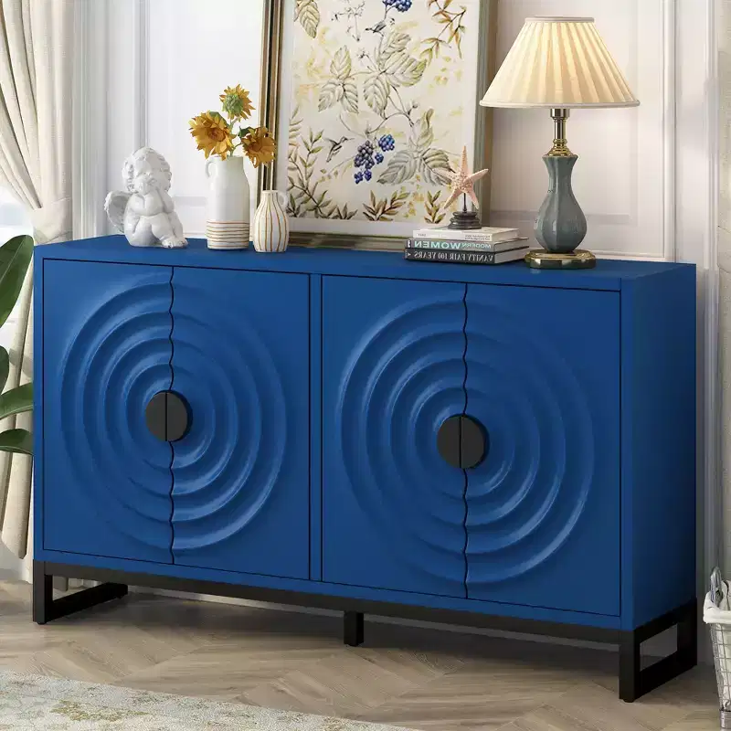Buffet Cabinet with 4 Water Wave Doors, Wood Sideboard Storage with Adjustable Shelves for Kitchen Entryway Hallway