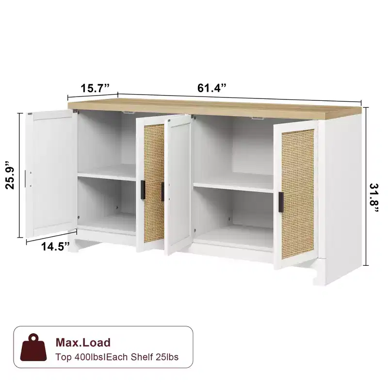 60 Rattan Buffet Cabinet, Storage Sideboard with 4 Doors & Adjustable Shelves, Woven Console Table for Dining Room, Living Room, Entryway