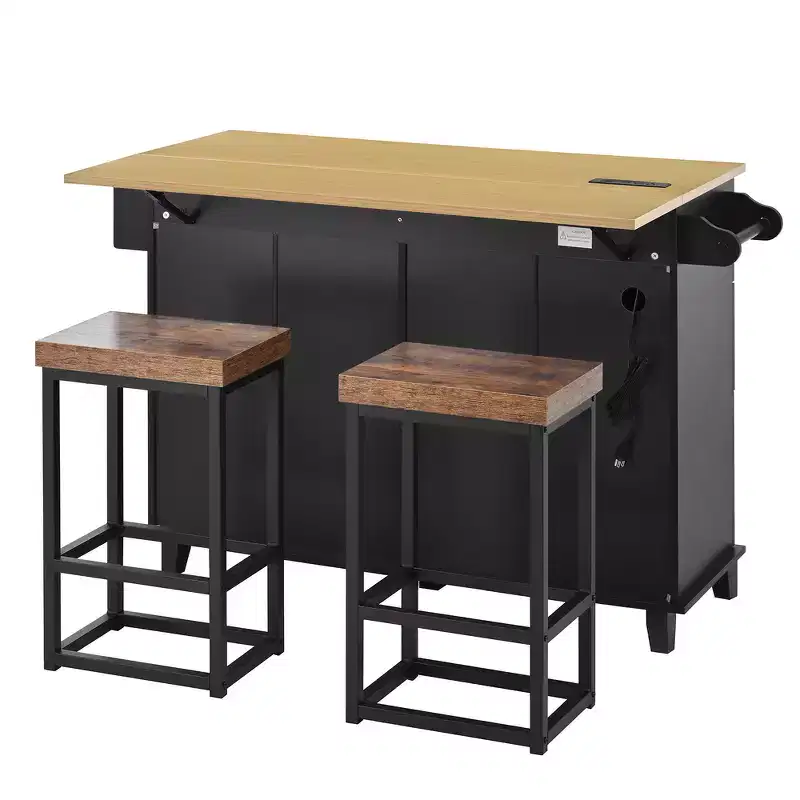 Farmhouse Kitchen Island with Drop Leaf, Drawers, Power Outlet and 2 Seats