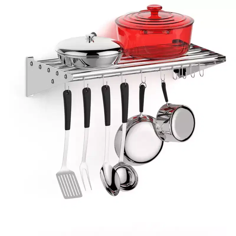 Stainless Steel Shelf Pot Rack, Wall Pot Rack With Hooks, Wall Mounted Shelf, Pot and Pan Hanging Rack, for Restaurant, Kitchen