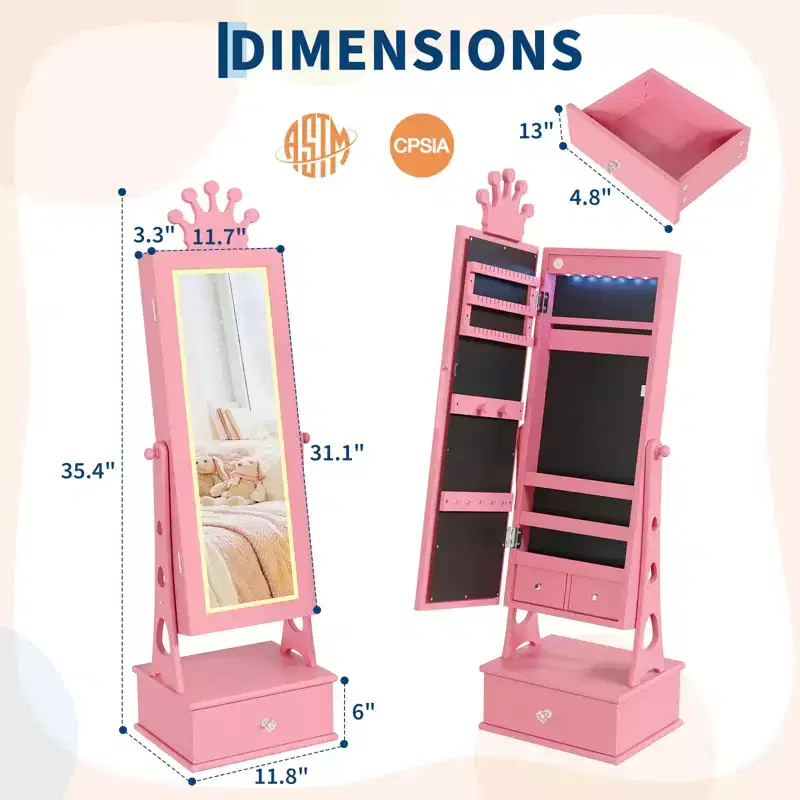 Kids Jewelry Armoire Cabinet, Standing Jewelry Organizer with Full-Length Mirror, 3 Storage Drawer, Kids Vanity Dress Up Mirror Jewelry Cabinet