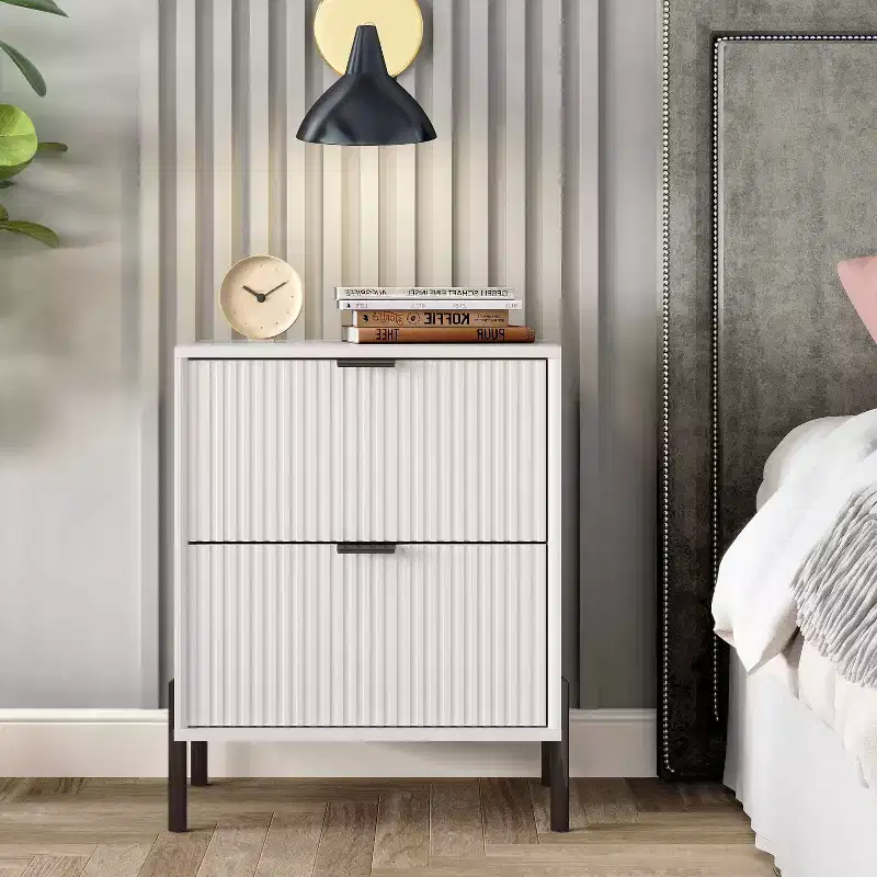 2 Drawer Nightstand Off-White: Scandinavian Style, Modern Square Shape, MDF Construction