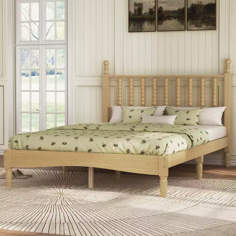 Full/King Size Wood Platform Bed with Gourd Headboard, Retro Style Bed Frame, No Box Spring Needed, Walnut/Natural