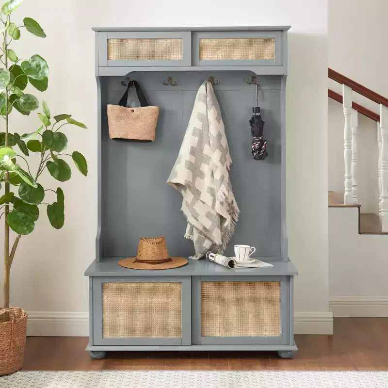 Casual Style Hall Tree with Entryway Bench, Coat Rack with Rattan Door Shelves and Wooden Feet, Coat Tree for Living Room, Bedroom, Gray