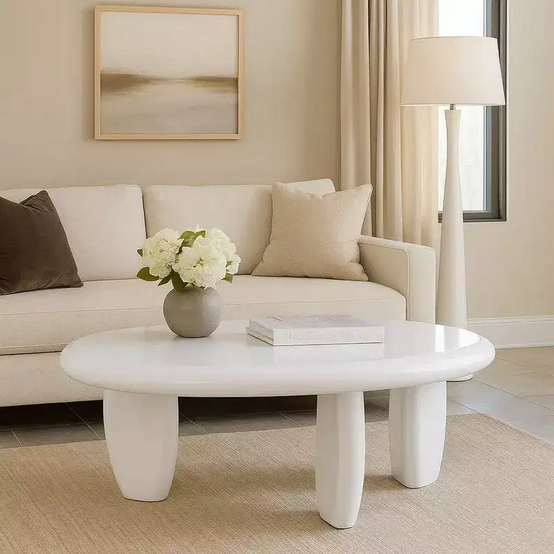 Royal Hampton End Table, 30 Inch Asymmetric, Tri Pebble Legs, High Gloss White