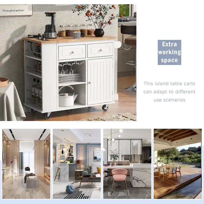 Adjustable Shelves Kitchen Island with Power Outlet and Drop Leaf