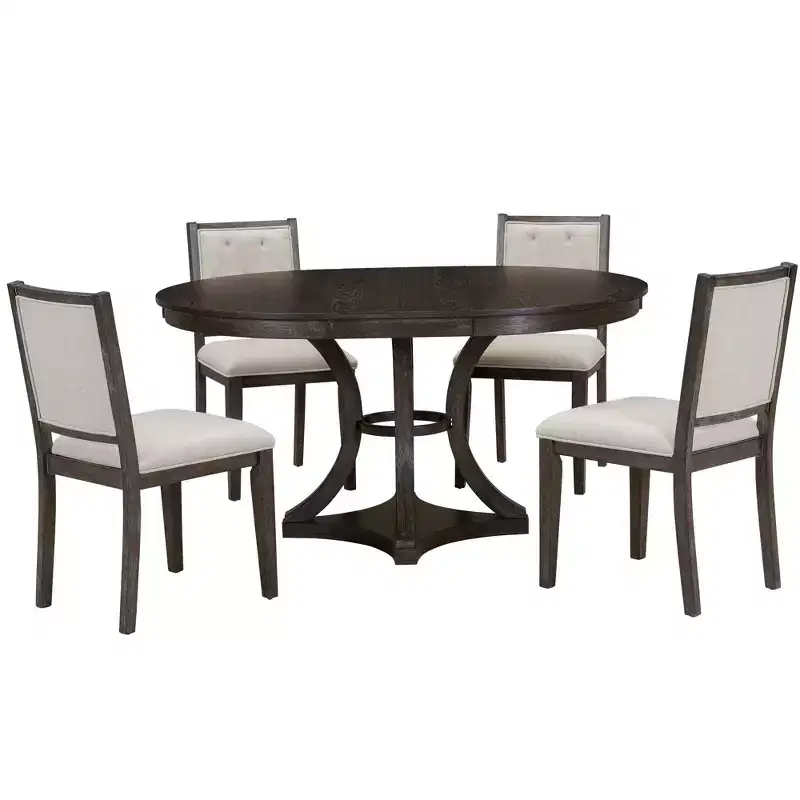 Merax Stylish 5-Piece Retro Dining Set with Extendable Round Table & 4 Upholstered Chairs