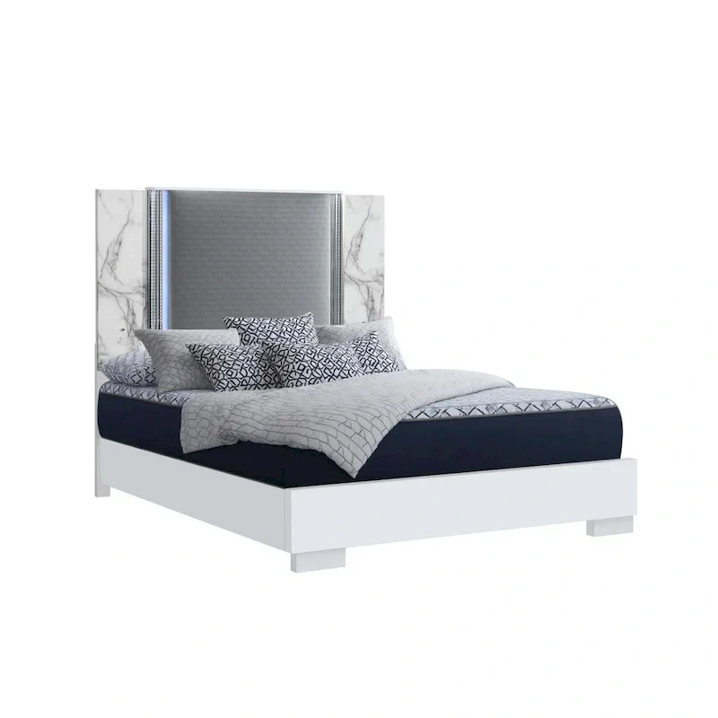White & Gray Wood Faux Leather LED King Bed Frame (1-Person)