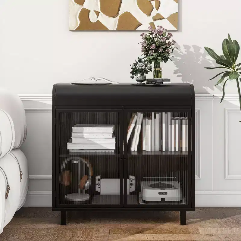 31.49'' Modern Sideboard Buffet Cabinet with 2 Tempered Glass Doors and 1 Flip Top