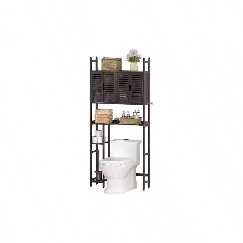 Over Toilet Storage Cabinet with Paper Holder Stand Bathroom Organizer Shelf Four Door Waterproof Feet Pad Space Saver Rack Anti