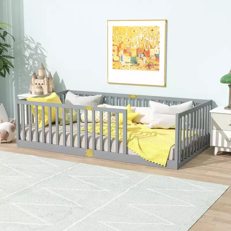 Whisen Twin Floor Bed & Bed Frame with High Fence Railings, 6 Slats Included, Safety Guardrails, without Door