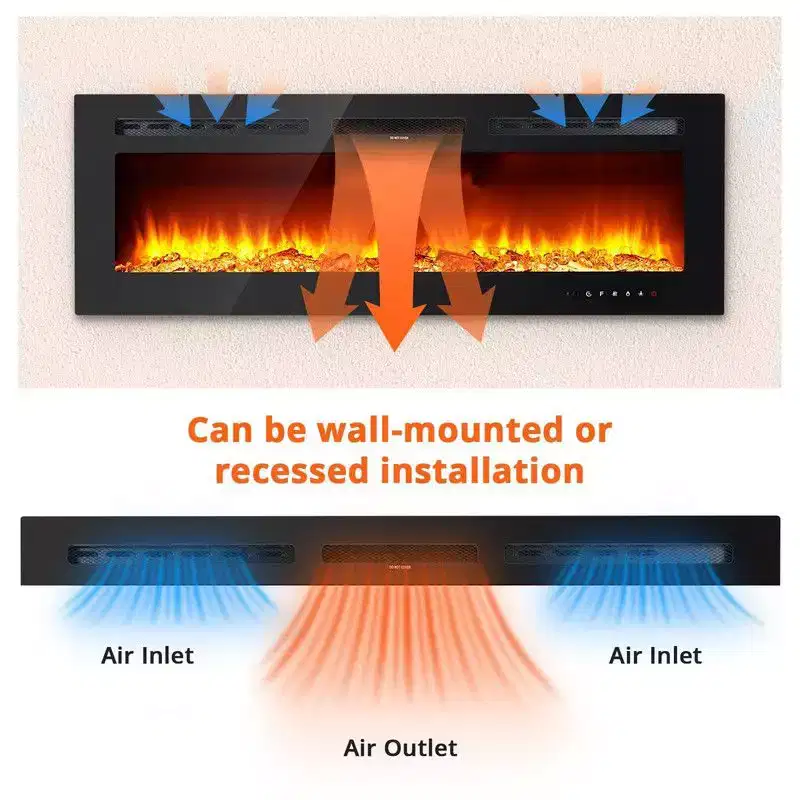 80 inch Smart Electric Fireplace Recessed & Mounted, Dual Heat 750/1500W with Remote, Adjustable Flames, Touch Screen, Timer