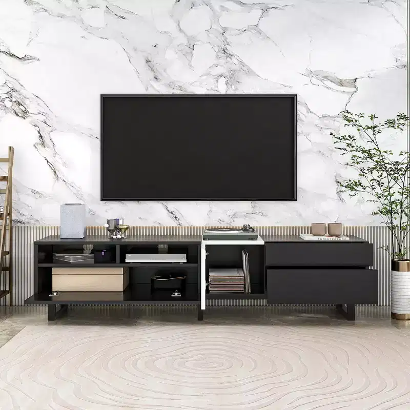 Modern TV Stand, TV Cabinet for TVs Up to 80, Entertainment Center with Drawers & Open Shelves, Easy Assembly