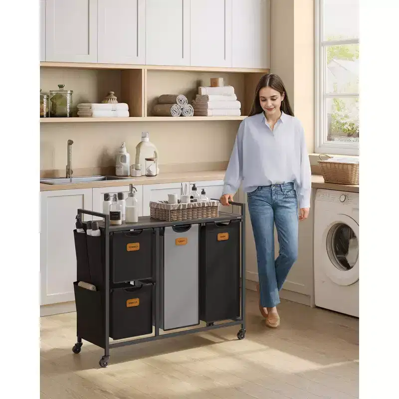 Laundry Hamper with 4 Compartments, 39.6 Gal. (150 L) Laundry Sorter, Rolling Laundry Cart with Shelves, Ink Black and Dove Gray