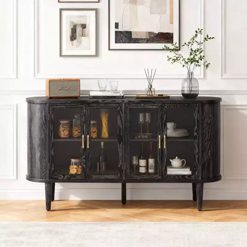 Luxystar Farmhouse Sideboard Cabinet with Storage, Wood Buffet Cabinet with Glass Doors and Adjustable Shelves for Dining and Living Room, Black