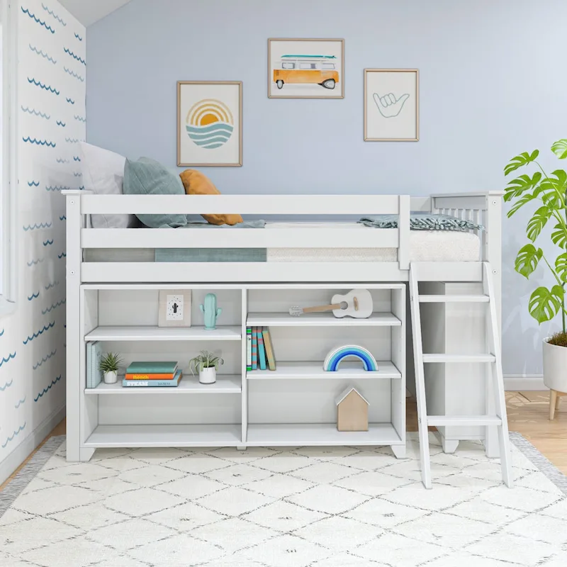 Twin-Size Low Loft Bed with Rolling Desk, Blackboard and Bookshelf