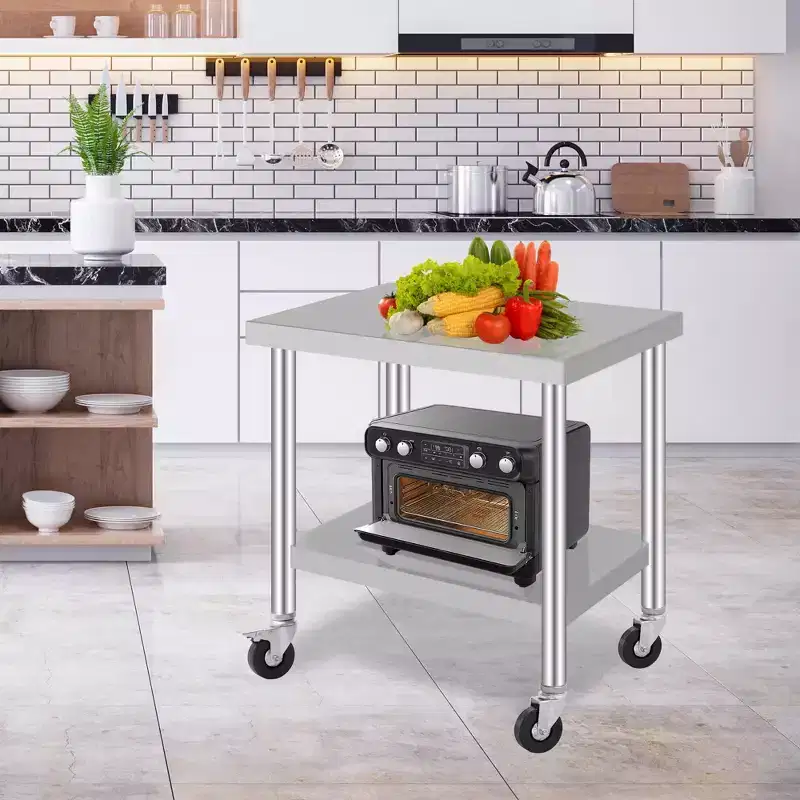 Commercial Stainless Steel Work Table 24x36 Inch Mobile Prep Table with Adjustable Storage Shelf & Locking Wheels