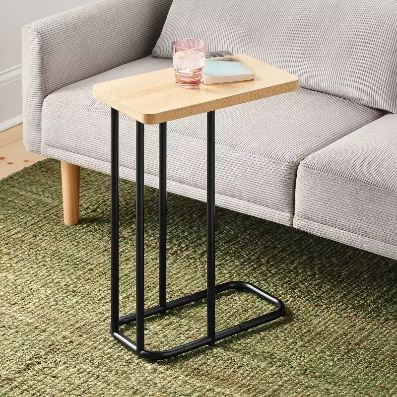Mixed Material Wood and Metal Rectangle Top C Side Table Natural Wood