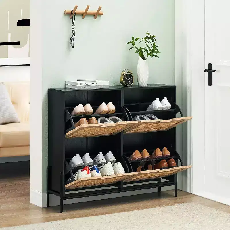 Woven Shoe Cabinet - 4-Door Rack with Adjustable Shelves, Rustic Entryway Organizer for Hallway