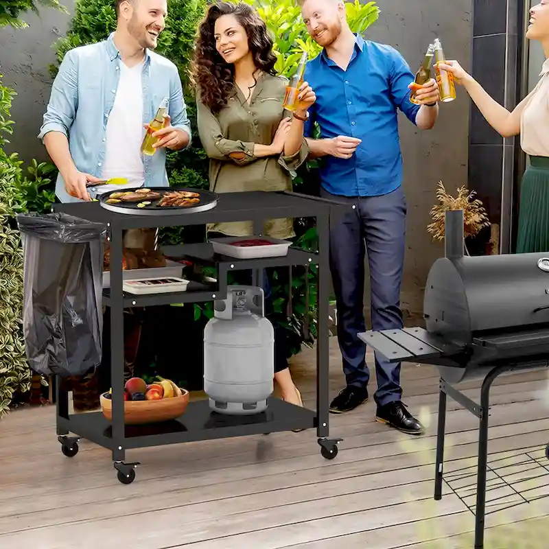 Costway Rolling Grill Cart 3-Shelf BBQ Table Pizza Oven Stand with - See Details