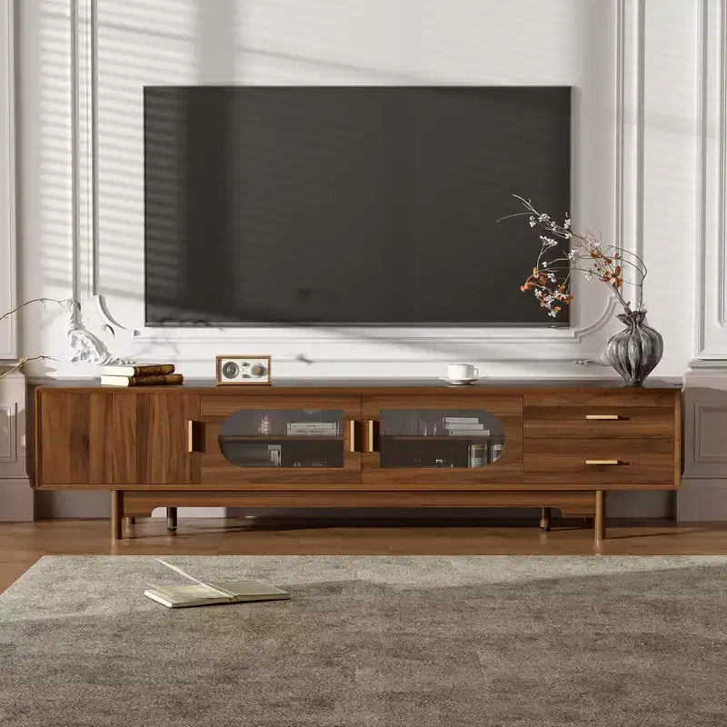 GDFStudio Petty Modern 78 TV Cabinet with Fluted Glass Doors. 2 Drawers and Shelves