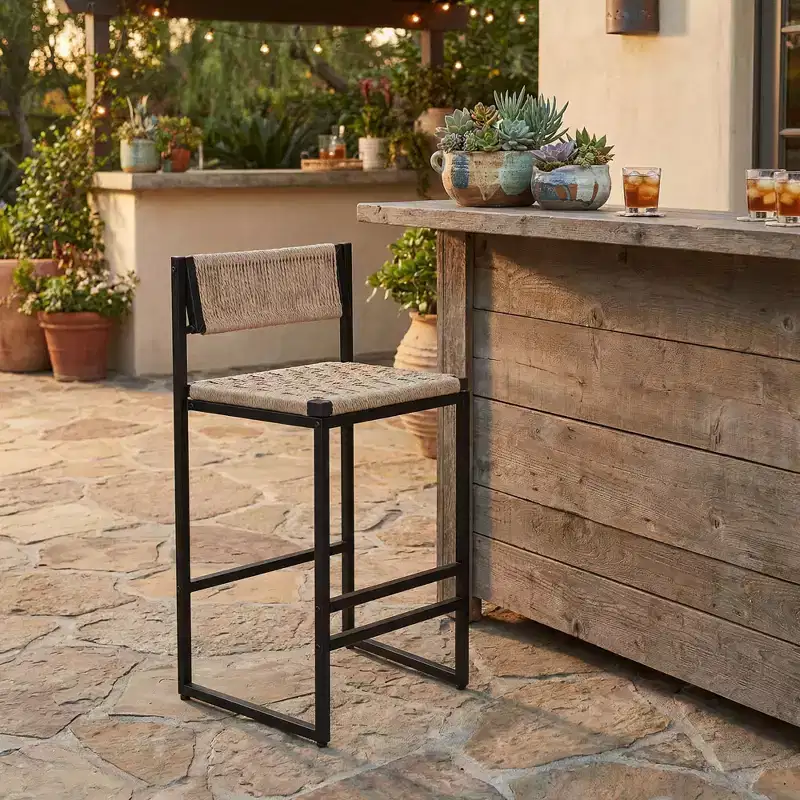 JVNOXK Set of 2 Paper Rope Weave Counter Height Kitchen Bar Stools with Footrest, Black & Honey