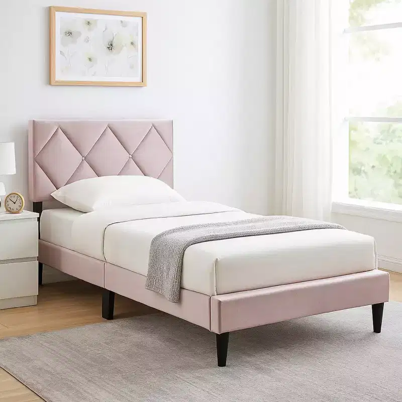 Royal Hampton Twin Bed, Tufted Light Pink Velvet Upholstery, Diamond Stitch