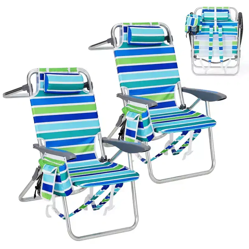 Set of 2 Backpack Beach Chairs for Adults, Lightweight Aluminum Folding Chairs with 5-Position Adjustable Backrest, Towel Bar, Storage Pockets