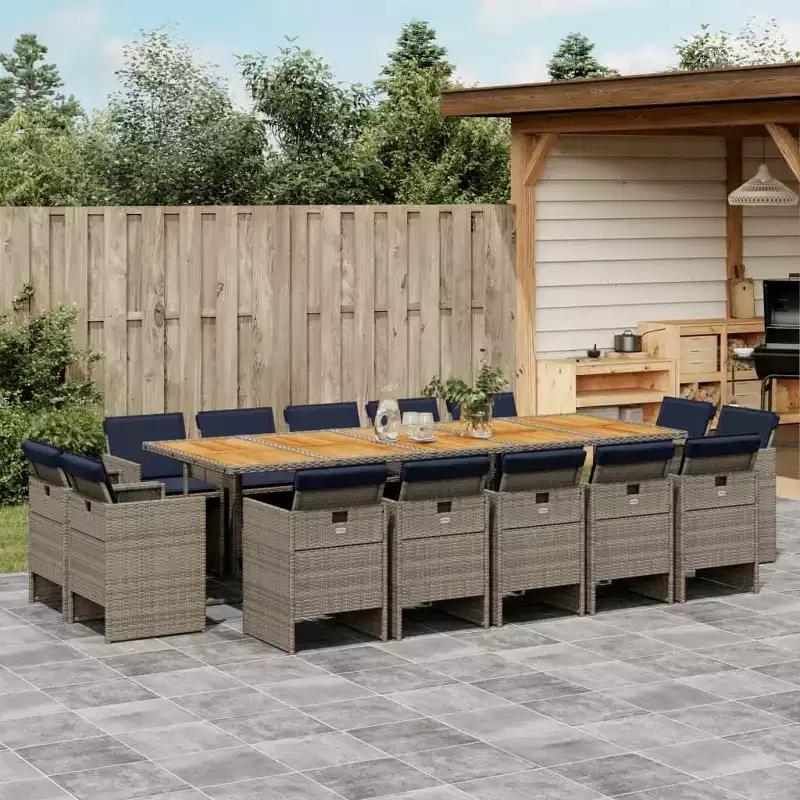 vidaXL Patio Dining Set Set of 14 Gray PE Rattan 15 Piece Set Foldable