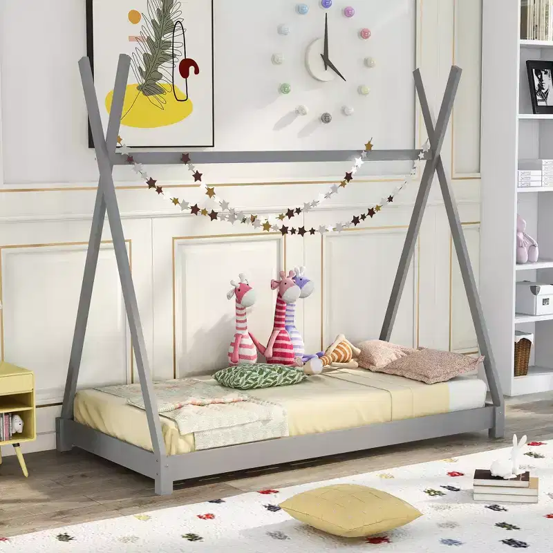 Twin Size Montessori House Bed Frame, Tent Design Floor Platform Bed for Boys & Girls, Pine & MDF