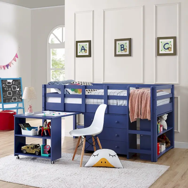 Twin Size Low Loft Bed with Desk and Storage Cabinet