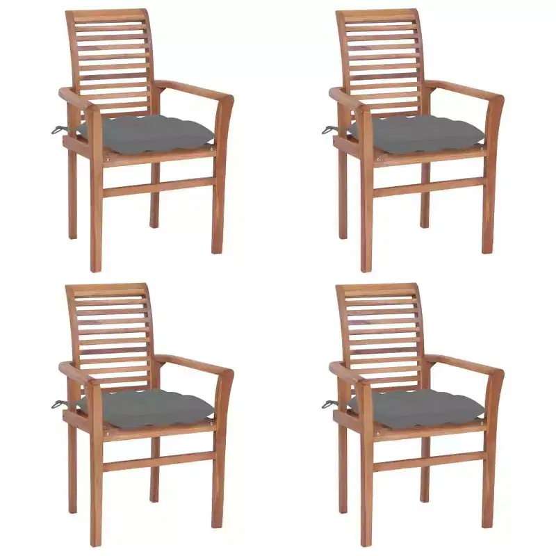 vidaXL Solid Teak Wood Dining Chairs - Set of 4 with Gray Cushions, Comfortable Design, Ideal for Patio, Garden or Dining Room, Stackable for Storage
