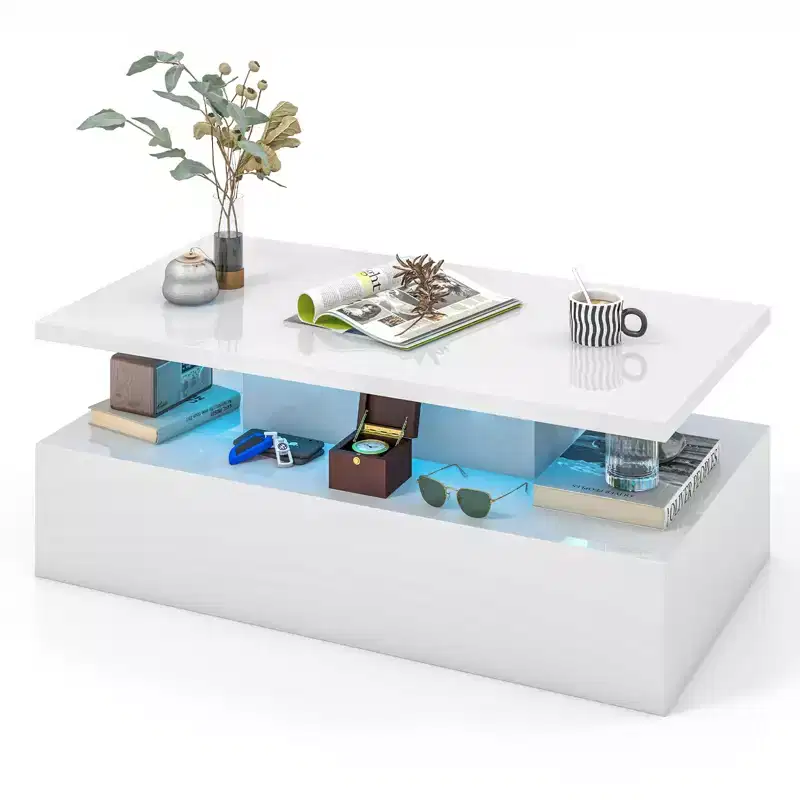 Costway LED Coffee Table Modern High Gloss Coffee Table w/ 20-Color LED Lights Adjustable Speed Brightness & Remote Control White/Black