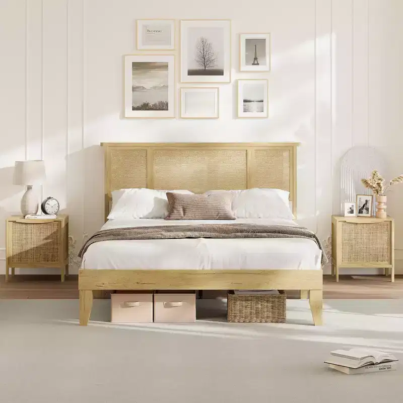 Bed Frame with Natural Rattan Headboard, Wood Platform Beds Strong Wooden Slats, No Box Spring Required, Noise Free, Easy Assembly