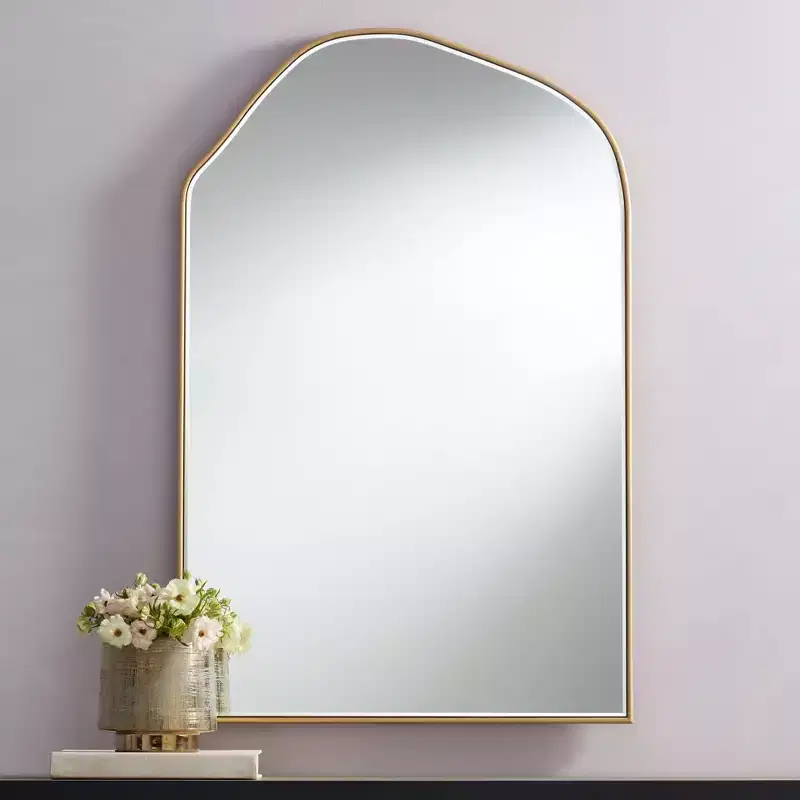 Arch Top Vanity Wall Mirror – Beveled Glass, Gold Wood Frame, 26