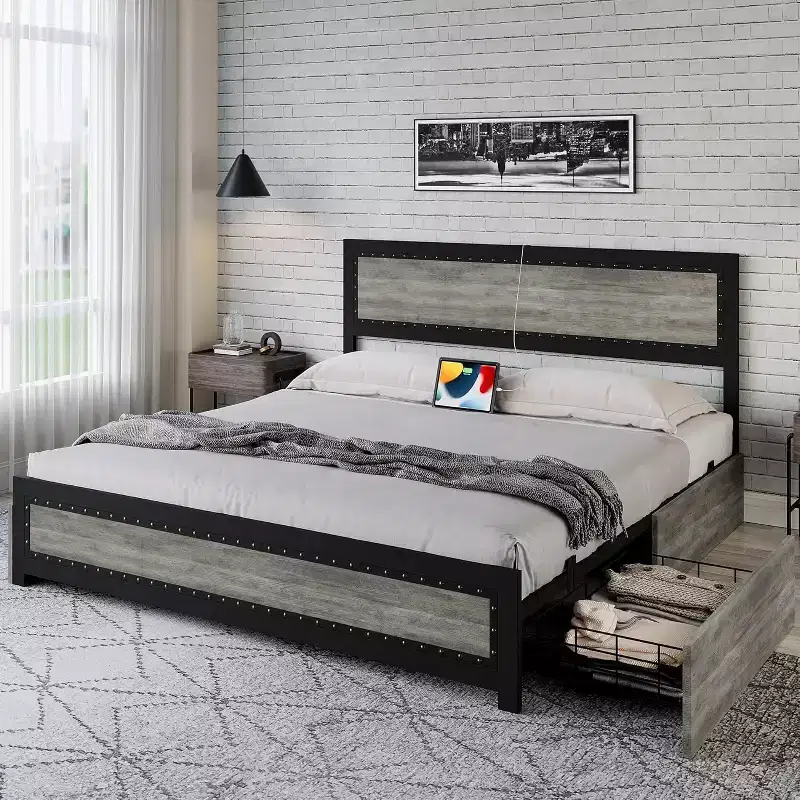 King Platform Bed Frame with 4 Storage Drawers & USB Charging Station. No Box Spring Needed, Features Riveted Headboard & Metal Slats in Gray.