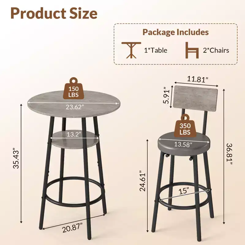 Zevemomo 3 Pieces Round Bar Table Set,Small Dining Table for 2, with Storage,Upholstered Stools with Backrest for Kitchen,Dining Room & Bistro-Grey