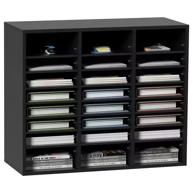 Wood Literature Organizer 24 Compartment File Sorter with Removable Shelves for Office Classroom Mail Slots Document Storage Black Finish