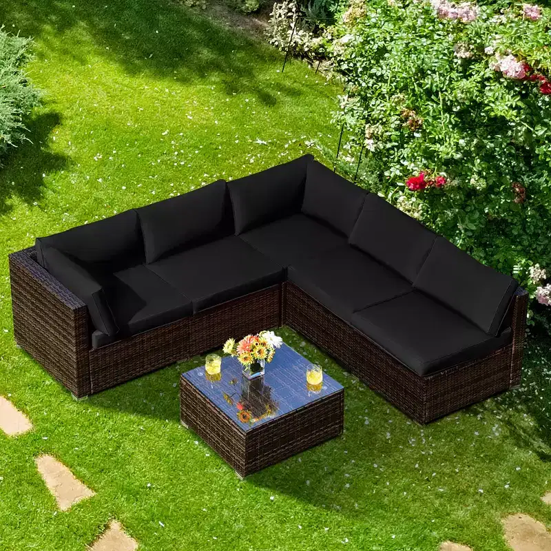 Costway 6PCS Patio Rattan Furniture Set Cushioned Sofa Coffee Table Garden Turquoise/Red/Navy/Brown/White/Black