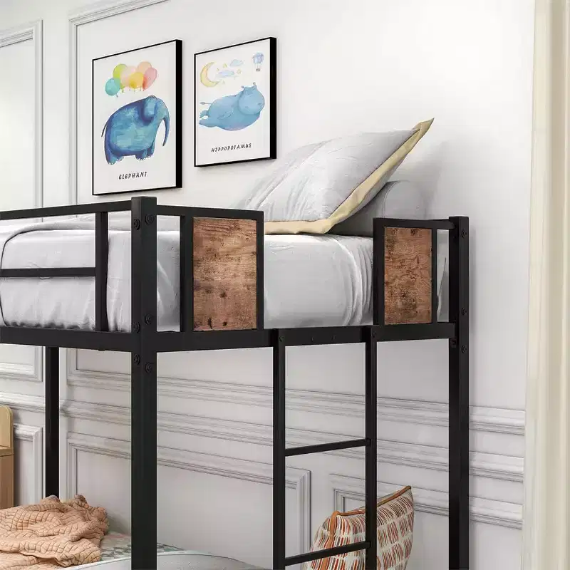 Double bunk bed with stairs, sturdy metal frame, no box spring required, space-saving design