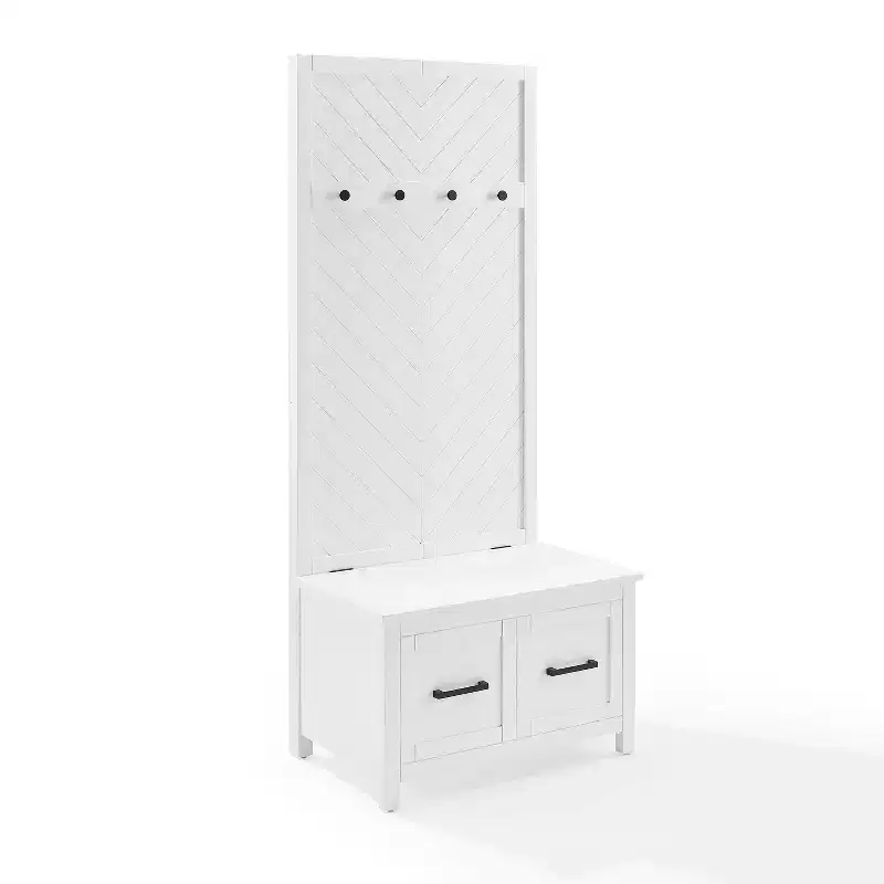 Hall Tree with Storage Bench – White, Herringbone Back, 4 Hooks