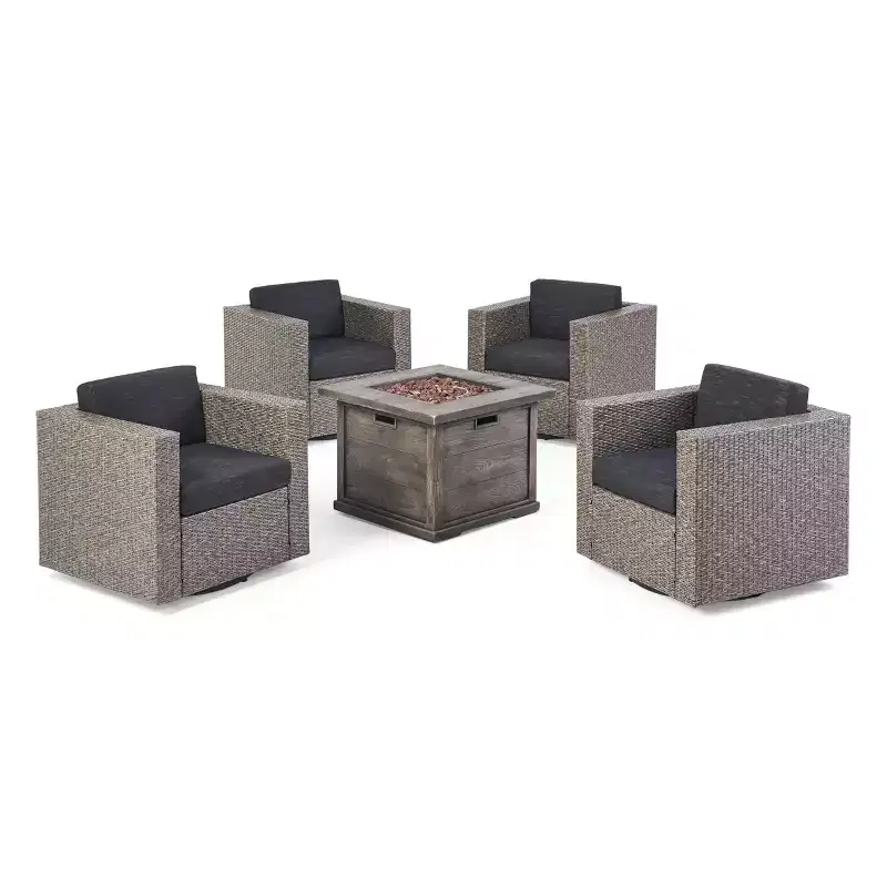 Christopher Knight Home Achton Outdoor Wicker 5 Piece Swivel Club Chair and Fire Pit Set with Cushions