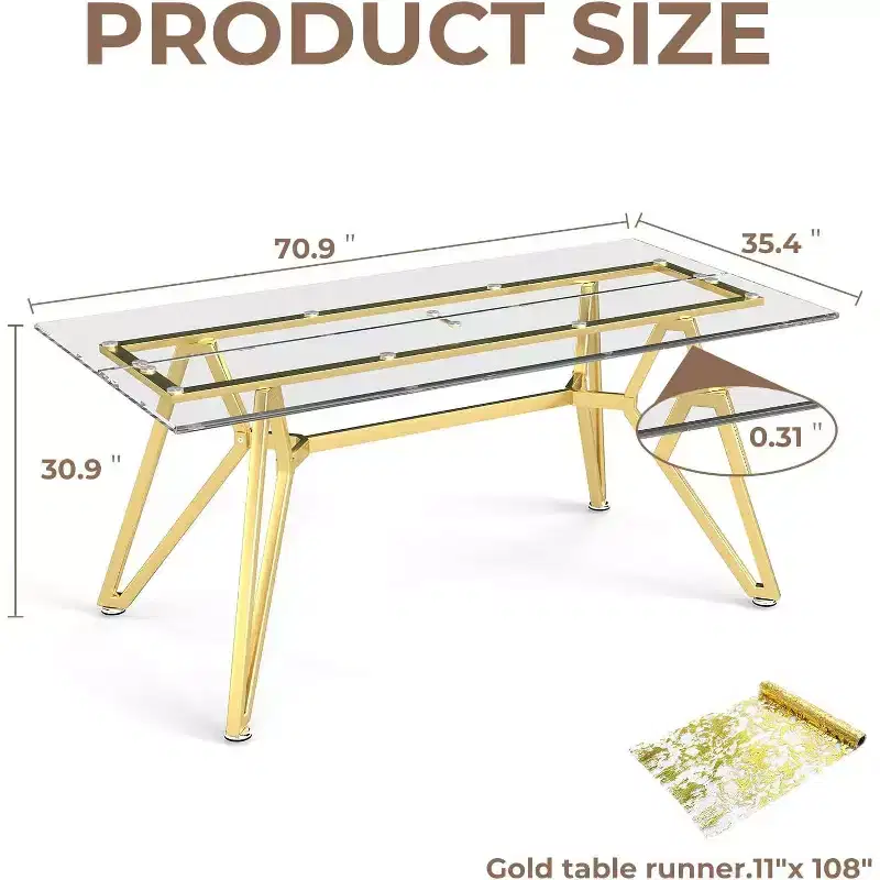 Clear Glass Top Rectangular Dining Table with Gold Metal Legs, Seats 6