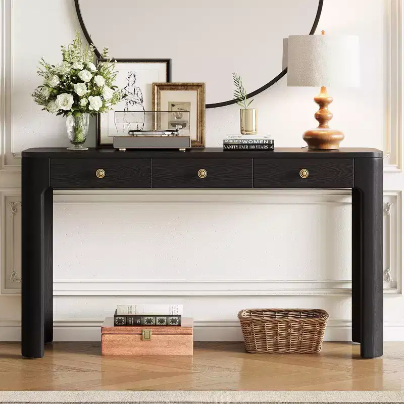Vintage Wood Veneer Console Table with 3 Storage Drawers & Curved Corners, Elegant Entryway Table for Foyer, Hallway & Living Room
