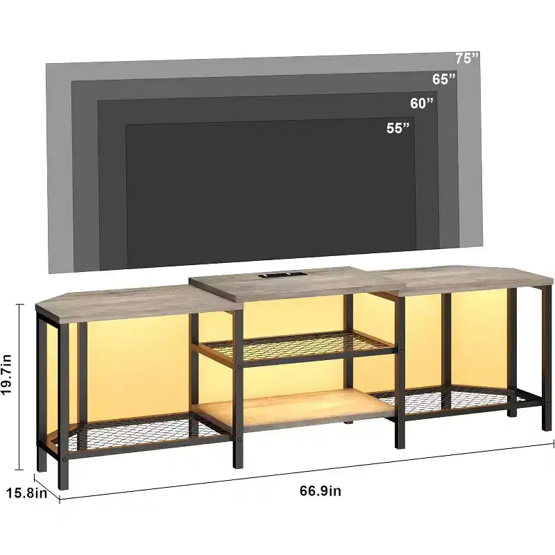 Acekool 67 Inch TV Stand with LED Lights, Power Outlets & 4 Open Shelves, Grey Media Console for 55/65/75 Inch TV, Corner Entertainment Center