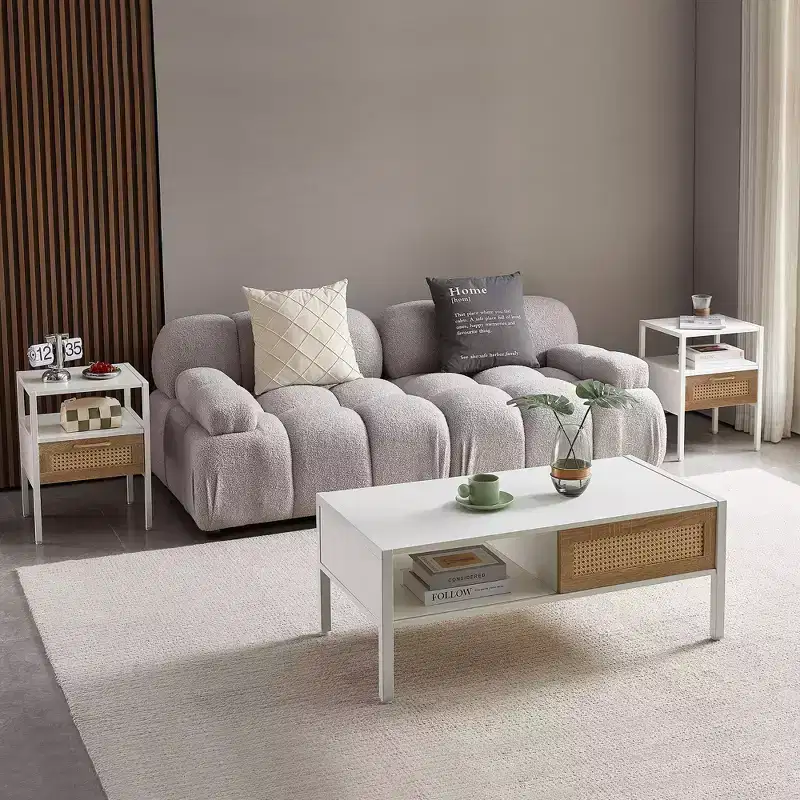 MAYEERTY Rattan End Table Set of 2, Modern Nightstand with Drawer, Side Table for Living Room, Bedroom,White