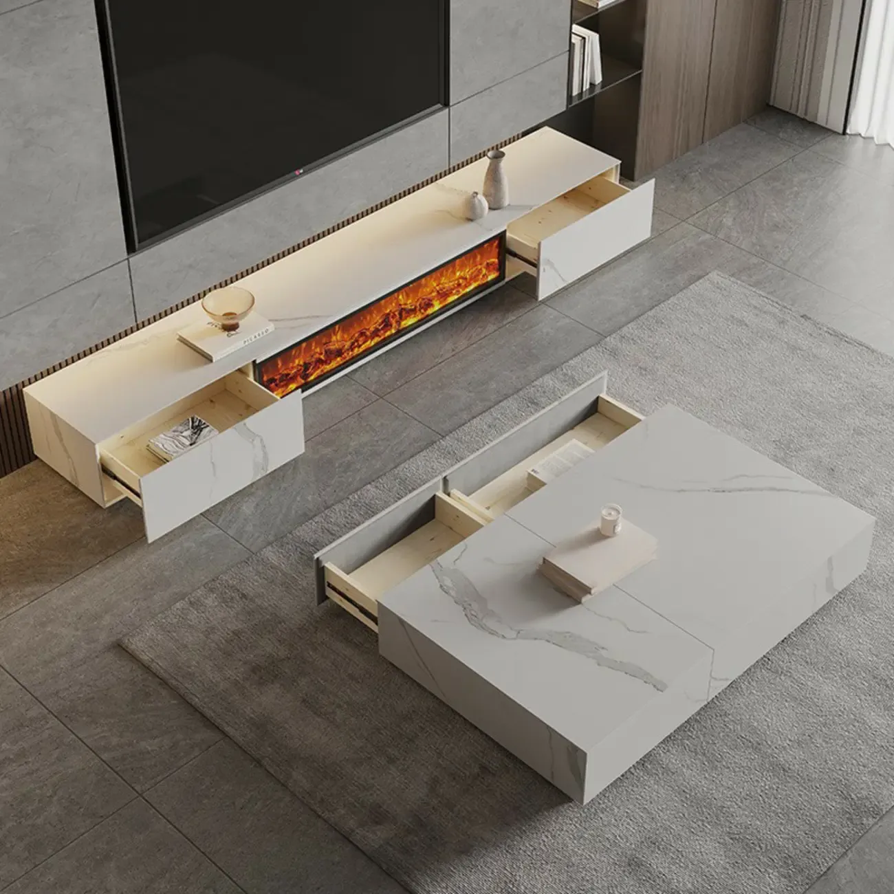 87 Rectangle Black Electric Fireplace Stone TV Stand with Light